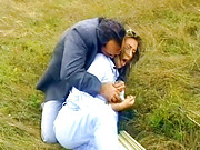 A sexy German lady getting her tits sprayed outdoors