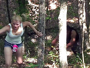 Nadia White gets face fucked hard int the woods by Don Whoe